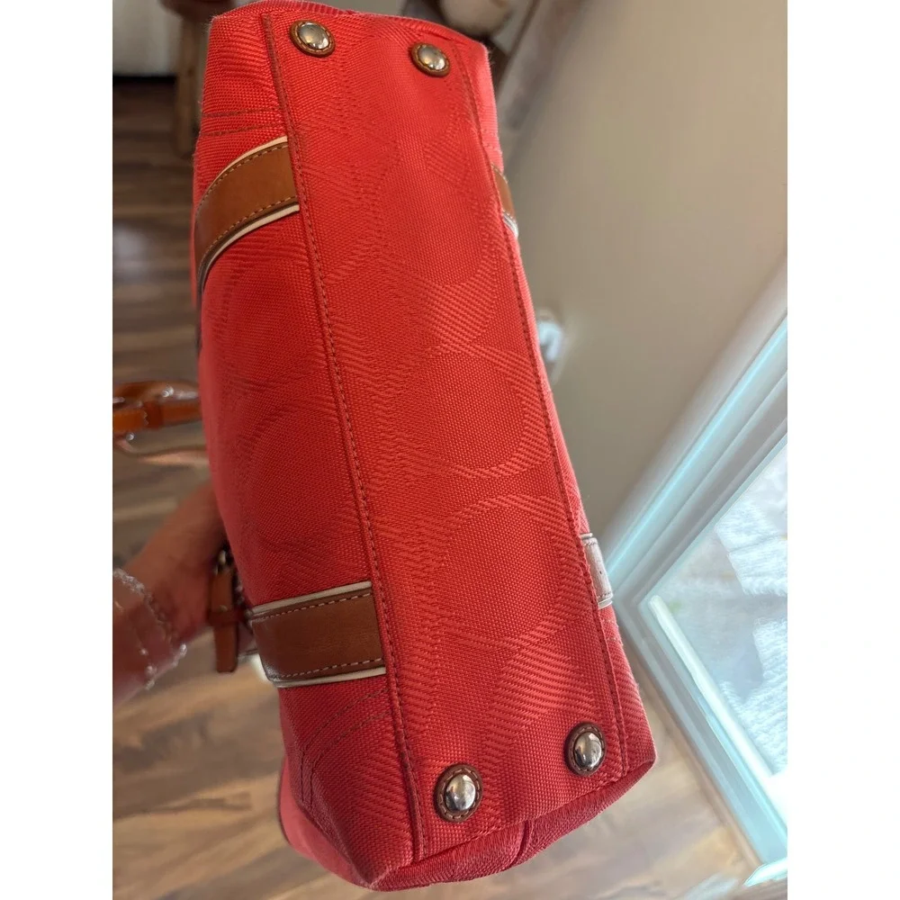 Coach Signature Jacquard Tote Bag Coral Coral Leather Trim Shoulder Bag